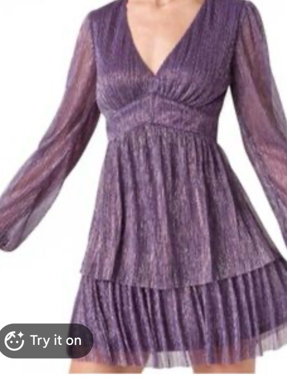 Francesca's Collections Purple Shimmer V-Neck Long Sleeve Tiered Dress